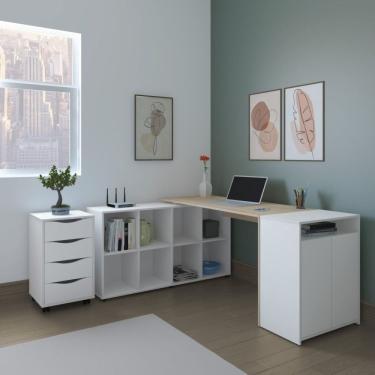 Imagem de Conjunto Home Office Completo 1 Escrivaninha Em L 1 Balcão 2 Portas 1 Gaveteiro 4 Gavetas Artany Carvalho/Branco