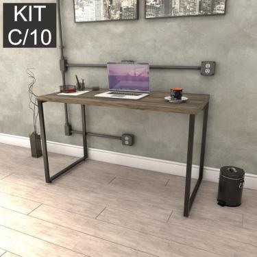 Imagem de Kit Com 10 Escrivaninhas Kuadra 120Cm Estilo Industrial Compace Carvalho Dark/Preto