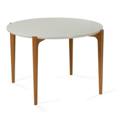 Imagem de Mesa De Jantar Madrid Univ Redonda 110 Cm Tampo Madeira Com Vidro Colado Branco Base Madeira Amêndoa