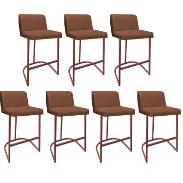 Imagem de Kit 07 Banquetas Com Encosto Confort Bistrô Cozinha Ferro Bronze Suede Terracota - Amey Decor