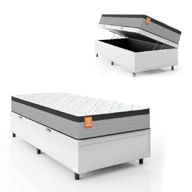 Imagem de Cama Box Baú Colchão Solteiro Molas Ensacadas Real 88x188x68cm Linho Branco / Preto Inducol Branco