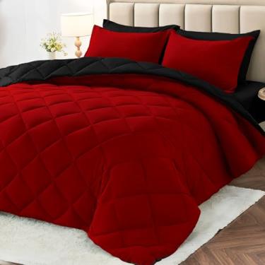 Imagem de MUXHOMO Jogo de cama solteiro e GG, 5 peças, cama reversível em uma bolsa, tamanho twin GG, todas as estações, lençol de cima, lençol com elástico, fronhas e fronhas, vermelho e preto