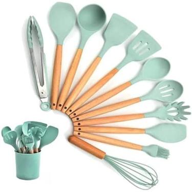 Imagem de Jogo de Cozinha Kit 19 12 Pçs de Silicone Utensílios e Copo Suporte para Cozinha Cabo de Madeira (azul/kit12)