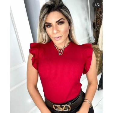 Imagem de Blusa feminina manga babado malha canelada - Filó Modas, g, Azul