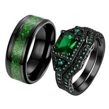 Imagem de ringheart 2 anéis para ele e ela anéis de casal banhados a preto corte princesa 6 mm verde CZ conjuntos de alianças de casamento femininas aço titânio masculino alianças de casamento, women size7 &