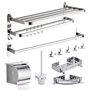 Imagem de Conjunto de banheiro de aço inoxidável - Toalheiro, porta-sabonete, escova de vaso sanitário | Montagem na parede, conjunto de 4 e 7 peças