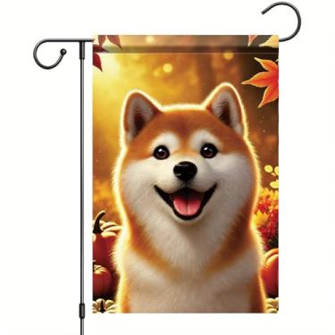 Imagem de Starlit Patio Bandeira de jardim de outono de ação de graças Shiba Inu bandeira de cachorro 30,5 x 45,7 cm dupla face fofa cachorrinho abóbora quintal banner outono decoração ao ar livre para varanda