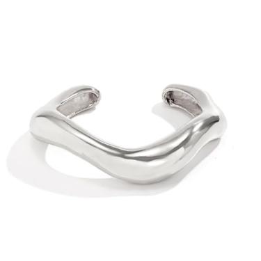 Imagem de Bracelete de metal polido largo grosso geométrico para mulheres delicado minimalista punho aberto pulseira de aço inoxidável banhado a ouro 18 k, One Size, Liga de aço, Sem Pedra Preciosa