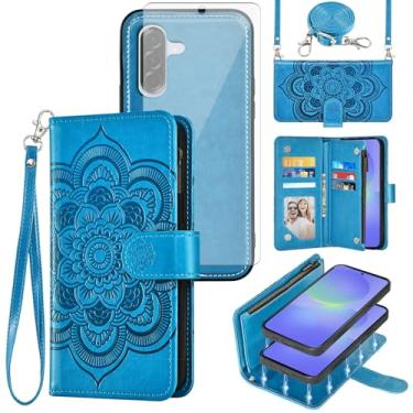 Imagem de Capa de celular para Samsung Galaxy A56 5G carteira com zíper destacável com protetor de tela de vidro temperado alça transversal cordão mandala flor flip compartimento para cartão A 56 56A LTE