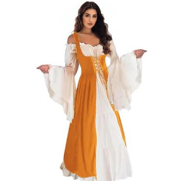 Imagem de Vianinfalo Vestido Renascentista Feminino Irlandês Medieval Pirata Fantasia Ren Faire Fantasia de Halloween, Açafrão, XX-Large-3X-Large