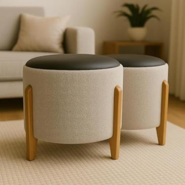 Imagem de Kit 2 Puff Banquetas Redondo Banco Pufe Assento Courino Tecido Boucle Decorativo para Sala Escritório Apartamento Soft Lux Pés Madeira - Bege/Marrom