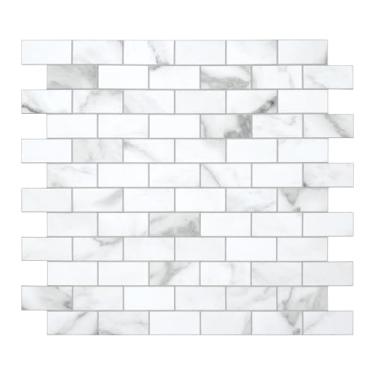 Imagem de Azulejo Backsplash para metrô de 10 folhas, 28,7 cm x 27,4 cm, composto de pedra branca Carrara, feito à mão, autoadesivo, azulejos para cozinha, banheiro, chuveiro, lareira