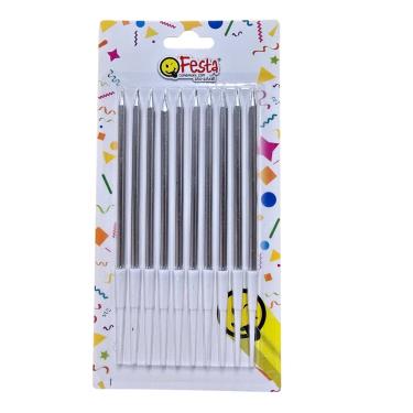 Imagem de Vela Palito de Aniversario 13Cm Prata Com 10 Unidades Brasimpex