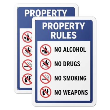 Imagem de 101SignCity "Property Rules: No Alcohol, No Drugs, No Smoking, No Weapons" Placa para Casas, Airbnb, Empresas, Propriedades Privadas - Alumínio 25,4 cm x 35,5 cm, Pacote com 2
