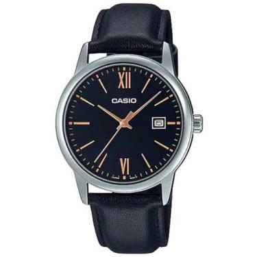 Imagem de Casio Relógio masculino analógico pulseira de couro com mostrador preto MTP-V002L-1B3UDF, preta, pulseira, Preto, alça