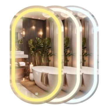Imagem de Espelho Oval 3 Tons de LED Grande de parede moderno jateado lapidado decorativo iluminação Botão Sensor touch screen Luxo - 3 cores de Luz - LED QUENTE, NEUTRO E FRIO (30x40cm)