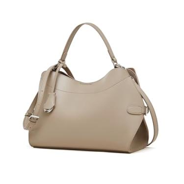 Imagem de Bolsa feminina de couro legítimo, bolsa tiracolo de grande capacidade com alça ajustável removível, Caqui, Large, Bolsa de mão