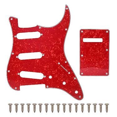 Imagem de SAPHUE SSS Conjunto de 11 furos para guitarra elétrica Strat Pickguard e placa traseira para Fender EUA/México, peças de guitarra estilo moderno Stratocaster (3 camadas vermelho pérola)