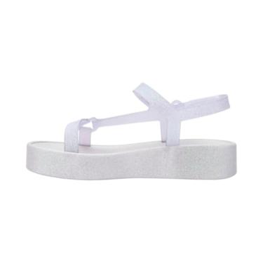 Imagem de Melissa Sandálias plataforma Sun Downtown – Sandálias modernas para mulheres – Sandálias versáteis de verão – Estilo praia ao jantar – Sola perfumada com chiclete, Branco com glitter, 36