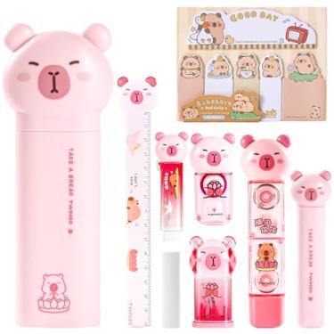 Imagem de Conjunto de artigos de papelaria de capivara fofos, artigos de papelaria japoneses, inclui apontador de lápis, borracha, fita corretiva, fita cola, notas adesivas, régua, tesoura para material escolar