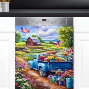 Imagem de Capa magnética para lava-louças, bandeira americana, flor, caminhão, frente, lava-louças, decoração, reutilizável, painel de porta, decalque para eletrodomésticos, adesivos de cozinha, geladeira, 58 x