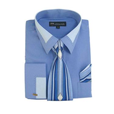 Imagem de Milano Moda Camisa social masculina moderna com design contrastante gravata lenço e punhos, Azul, 19"-19.5" Neck 36"-37" Sleeve