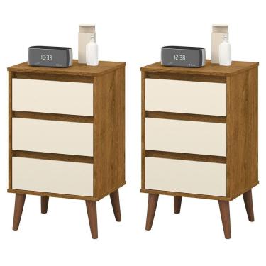 Imagem de Kit 2 Mesas De Cabeceira Wood - Mdp 3 Gavetas Corrediças Metálicas Freijó-off White - Movelove