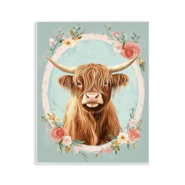 Imagem de Stupell Industries Design artístico de placa de parede Highland Cow em borda floral por Petal Prints Design, 14 x 11