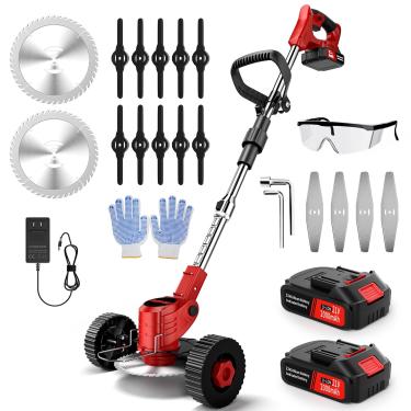 Imagem de Dragro Wacker elétrico sem fio, 21 V alimentado por bateria com 3 tipos de lâminas e bateria de 2 x 2,0 Ah, aparador de ervas daninhas leve e dobrável/cortador de grama sem cordas/cortador de escova
