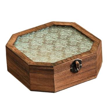 Imagem de Colaxi Caixa de armazenamento de madeira para joias, recipiente versátil, grande capacidade, caixa de bugigangas com tampa de vidro para pulseira, joias e, 17x17x5.8cm