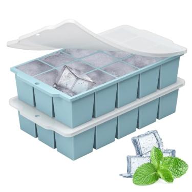 Imagem de MEIJO Bandeja de silicone para cubos de gelo com tampas, 15 bandejas quadradas flexíveis de liberação fácil para freezer, molde de cubo de gelo empilhável e reutilizável para uísque, coquetéis