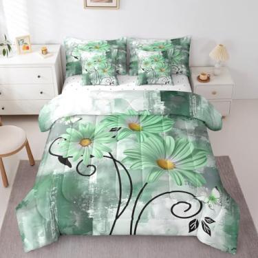 Imagem de Erosebridal Jogo de cama queen com estampa de margarida rústica, verde e cinza, para crianças, meninos, meninas, estilo casa de fazenda, floral, de madeira, verde turquesa, azul-petróleo e edredom