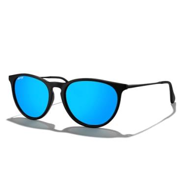 Imagem de MERRY'S Óculos de sol vintage polarizados para mulheres e homens, lentes espelhadas redondas retrô UV400, Armação preta fosca/lente espelhada azul/pernas pretas, Lens Width: 54 Millimeters