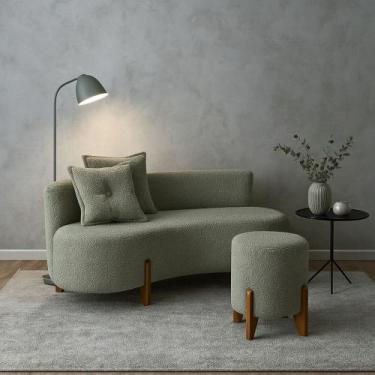 Imagem de Conjunto Sofá Curvo Orgânico + 01 Puff Luna Boucle Verde Oliva - Monta