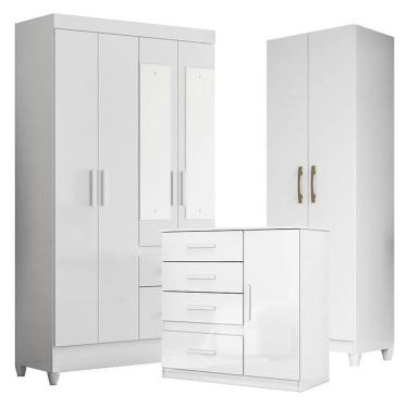 Imagem de Guarda Roupa Com Espelho Infantil Madri Com Cômoda Vênus E Armário Multiuso New íris Branco Brilho – Moval