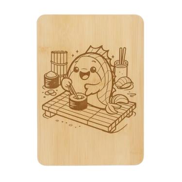 Imagem de Tábua de corte de madeira com desenhos de personagens de sushi de peixe fofo Kawaii, tábua de servir de cozinha (salmão fofo)