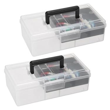 Imagem de JUXYES Pacote com 2 caixas de armazenamento de plástico com divisórias removíveis, caixa de costura de material de artesanato transparente com tampa, estojo de armazenamento de papelaria de 2 camadas
