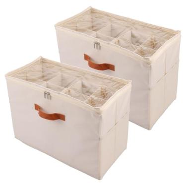 Imagem de Pacote com 2 organizadores de armazenamento de sapatos para armário, cabe pelo menos 16 pares, compartimentos para sapatos com tampas transparentes dobrável, divisórias ajustáveis para sapatos, bege