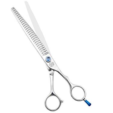 Imagem de Moontay Tesoura profissional de cuidados para cães, curvada, para desbastar/misturar/afiar, JP-440C de aço inoxidável para corte/aparar pelos de gatos, prata (20 cm (28 dentes serrilhados)