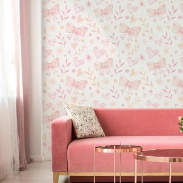 Imagem de ESSMOKO Papel de parede colorido plantas e flores hidrosol papel de parede sala de estar quarto escritório fundo decorativo adesivo de parede laço rosa 45 * 600 cm