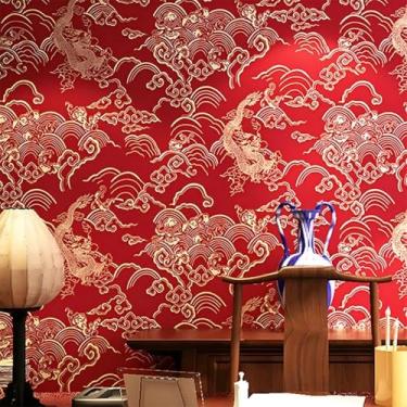 Imagem de ESSMOKO Papel de parede novo chinês clássico dragão Zen padrão nuvem montanha papel de parede vermelho PVC impermeável não autoadesivo vermelho 53 * 950 cm