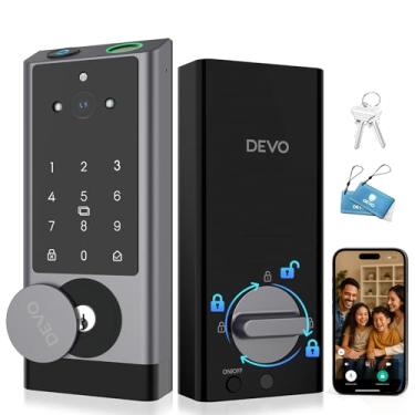 Imagem de DEVO Trava inteligente de vídeo G1 com câmera e campainha, fechadura de porta de entrada sem chave 6 em 1 com impressão digital, travas automáticas, controle remoto de aplicativo, fechadura