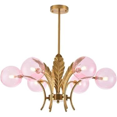 Imagem de Lustre Sputnik de vidro soprado com 6 luzes esfumaçadas, dourado, moderno, de meados do século, com vidro leitoso, decoração com folhas, vintage, rosa, luminária pendente de teto para mesa d