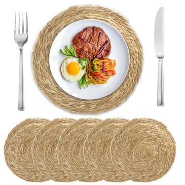 Imagem de Rierdge Conjunto de 6 peças de jogo americano de vime de tecido redondo, tapetes de jacinto de água natural de 34,3 cm, mesa de fazenda artesanal, tapetes de vime trançados resistentes ao calor para