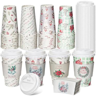 Imagem de Jingmore Pacote com 48 xícaras de café descartáveis de Natal de 473 ml com tampas e mangas Copos quentes de papel de Natal para festa de Natal, lembrancinhas de chá para cacau quente, suprimentos de