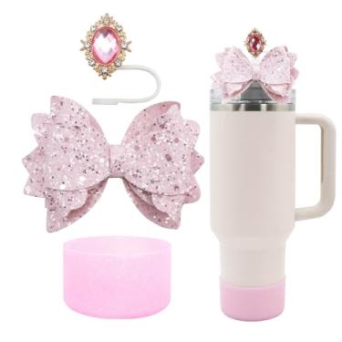 Imagem de Conjunto de 3 peças de acessórios para copo Stanley de 30 e 1,134 g com alça, decoração de canudo de laço fofo e topo de palha de 10 mm, bota de silicone com glitter, acessórios de copo fofos
