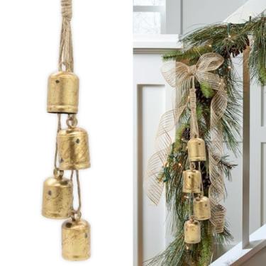 Imagem de Sinos vintage de latão dourado com corda de pendurar de juta decoração de árvore de Natal sino de vaca da sorte decoração decorativa para pendurar na parede sinos de bruxa para artesanato cabides de