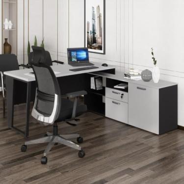 Imagem de Escrivaninha com Balcão Lateral 170cm 1 Porta 2 Gavetas Flex Multimóveis Cr25307 Cinza/preto