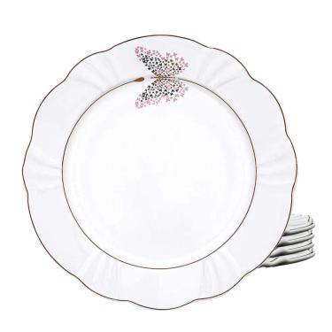 Imagem de Kit Jogo 4 Pratos Fundo 24Cm Borda Dourada Borboleta Soleil