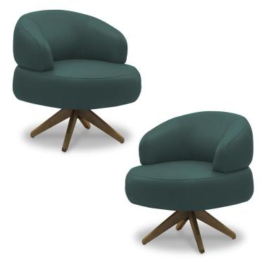 Imagem de Kit 2 Poltronas Decorativas Katy Sala de Estar Base Giratória Madeira Couro Verde Musgo